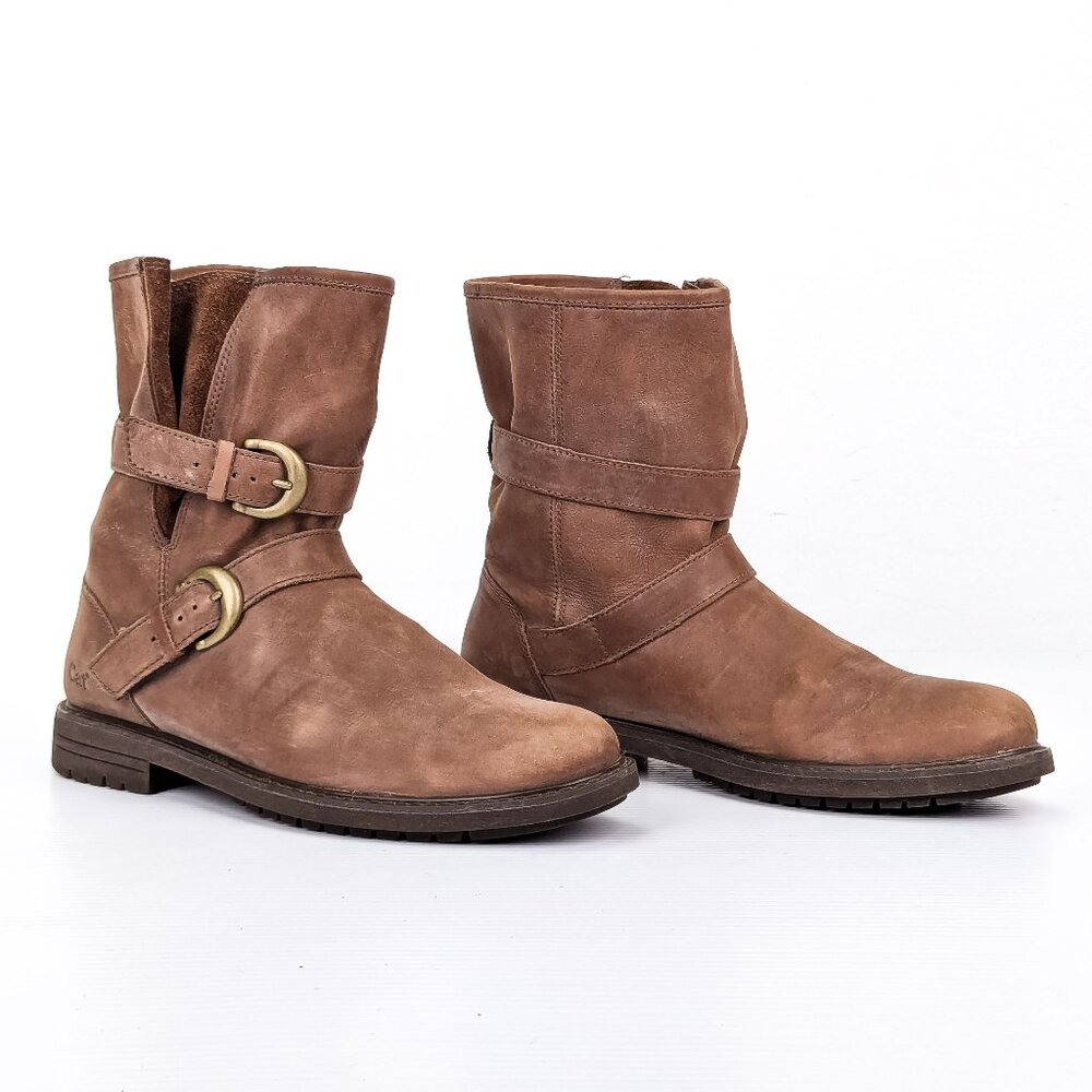 CAT Women Brown Leather Strap Buckle Moto Slip-on Boots sz 9US EUR40